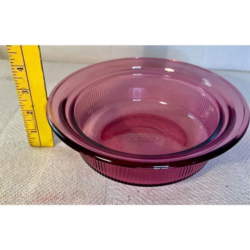 2 Vintage PYREX Cranberry VISIONS Ribbed Casserole Dish 1Qt (V31B) & 24 Oz(V30B)